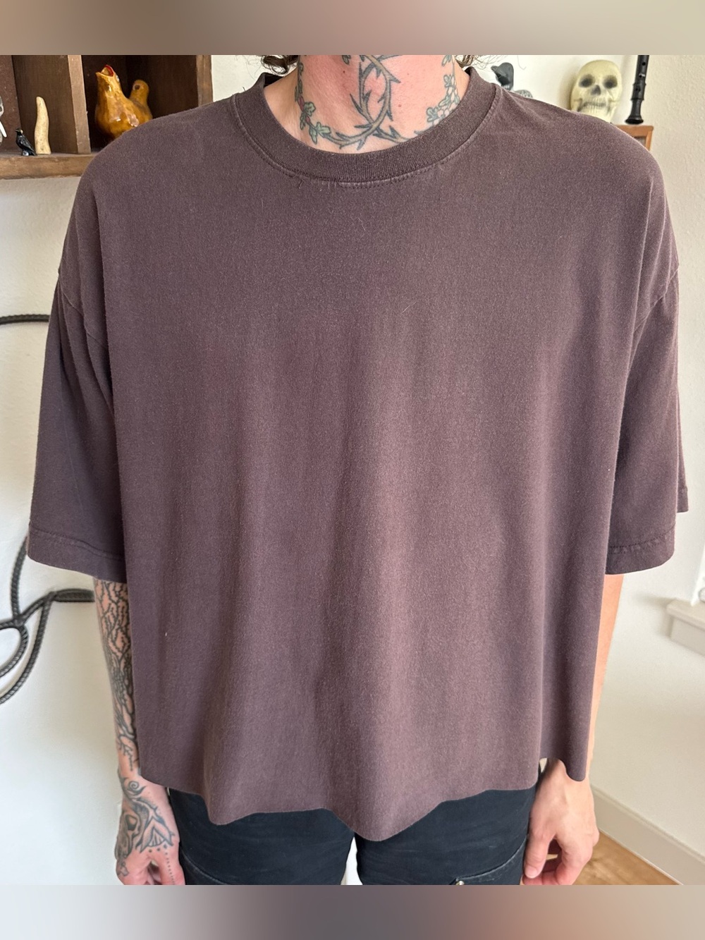 Vintage 90s Cropped Boxy Blank Earthy Brown Cotton Tee ~ Size 2XL